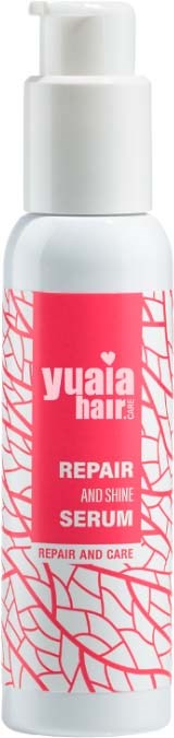 A white bottle with a pink label that says "Yuaia Hair Repair and Shine Serum" and a pump top.
