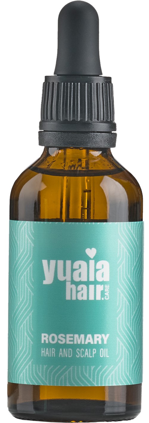 Pieni ruskea pullo mustalla tiputikalvalla ja sininen etiketti, jossa lukee 'Yuaia Han' ja 'Rosemary Hair and Scalp Oil.'