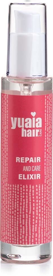 Een klein, doorzichtbare fles met een roze label die zegt 'Yuaia Hair' en 'Repair and Care Elixir'.