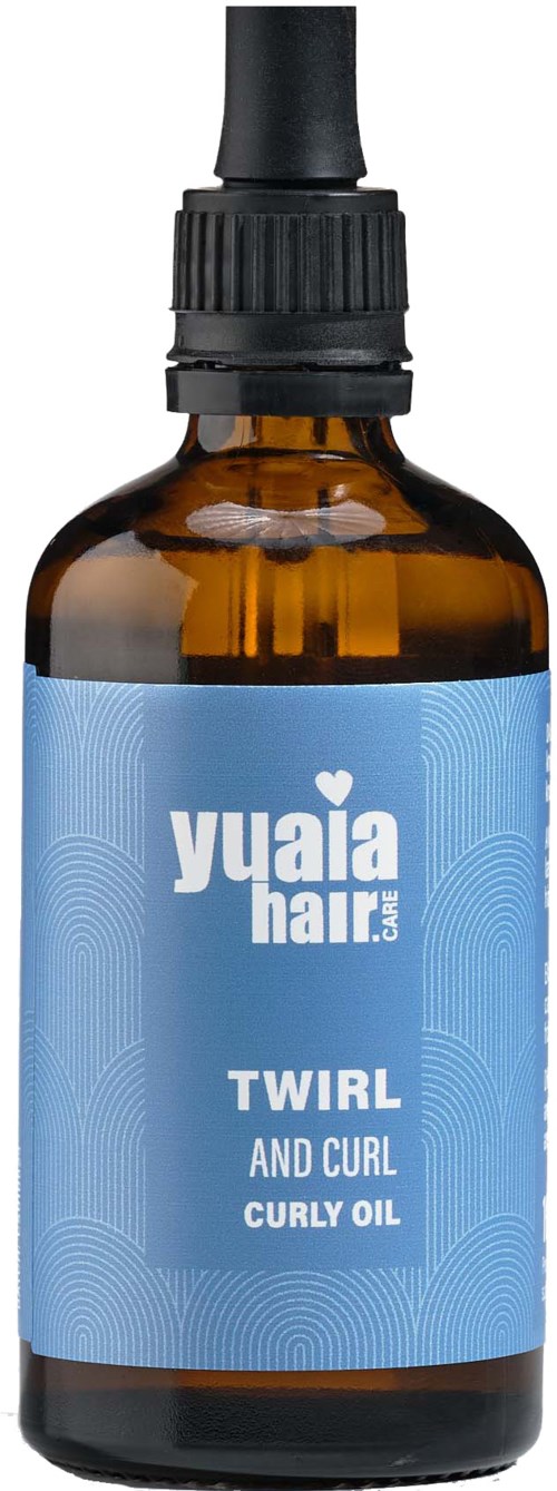 En liten brun flaska med svart droppkork och en blå etikett som säger 'yuaia hair' och 'twirl and curl curly oil.'