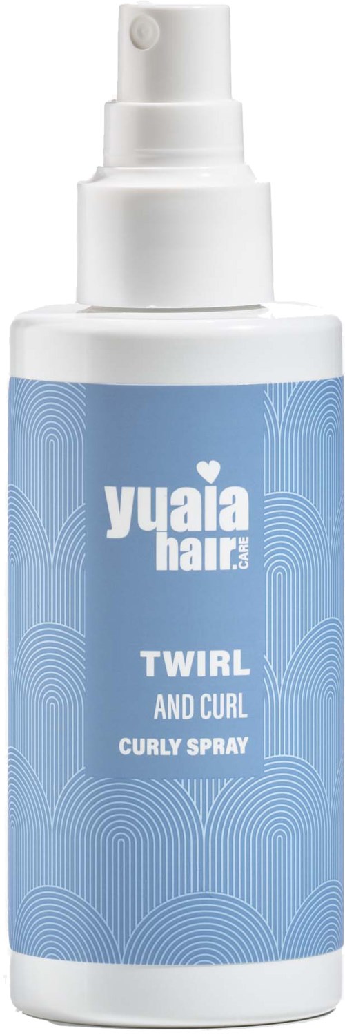 Eine weiße Sprühflasche mit dem Label "TwirL and Curl Curly Spray" von Yuaia Hair. Das Etikett ist blau mit weißem Text.