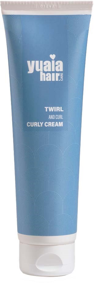 A blue tube of Yuaria Hair Twirl and Curl Curly Cream, standing upright with white text and a white cap.