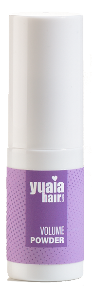 A purple and white container labeled "Volume Powder" for hair styling.