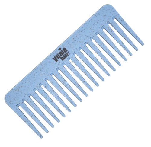 Sininen muovinen kampa, jossa on leveät hampaat ja teksti "Vogue Hair".
