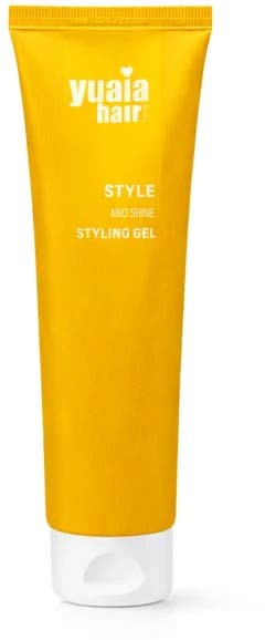A yellow tube of styling gel from Yuaia Hair with white text on it.