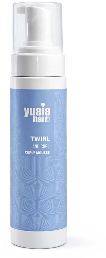 A white and blue bottle of hair mousse with a pump, labeled Yujaia Hair Twirl and Curl.
