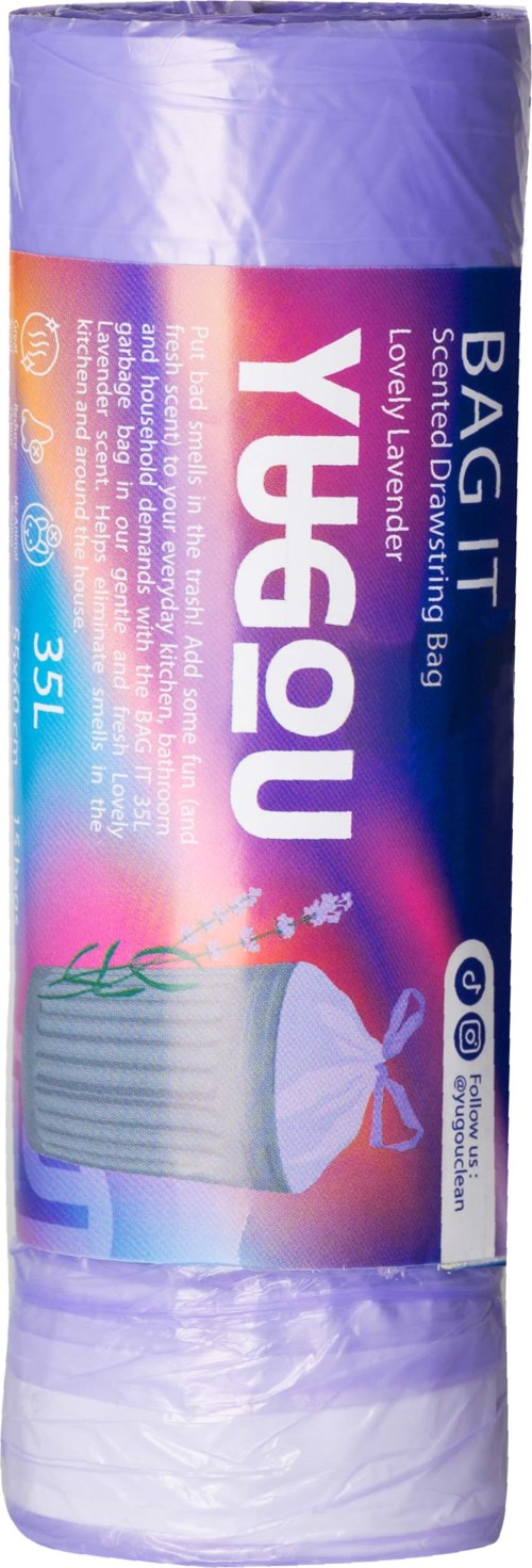 En rulle stora soppåsar med lila och blå förpackning, med en växt och text som betonar storlek och användning.