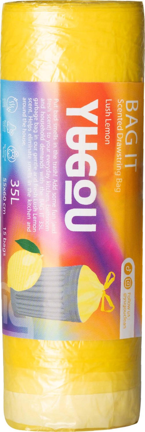 Gul påse för avfall i rulle med etikett som säger 'BAG IT', citron smak, 35 liter kapacitet.