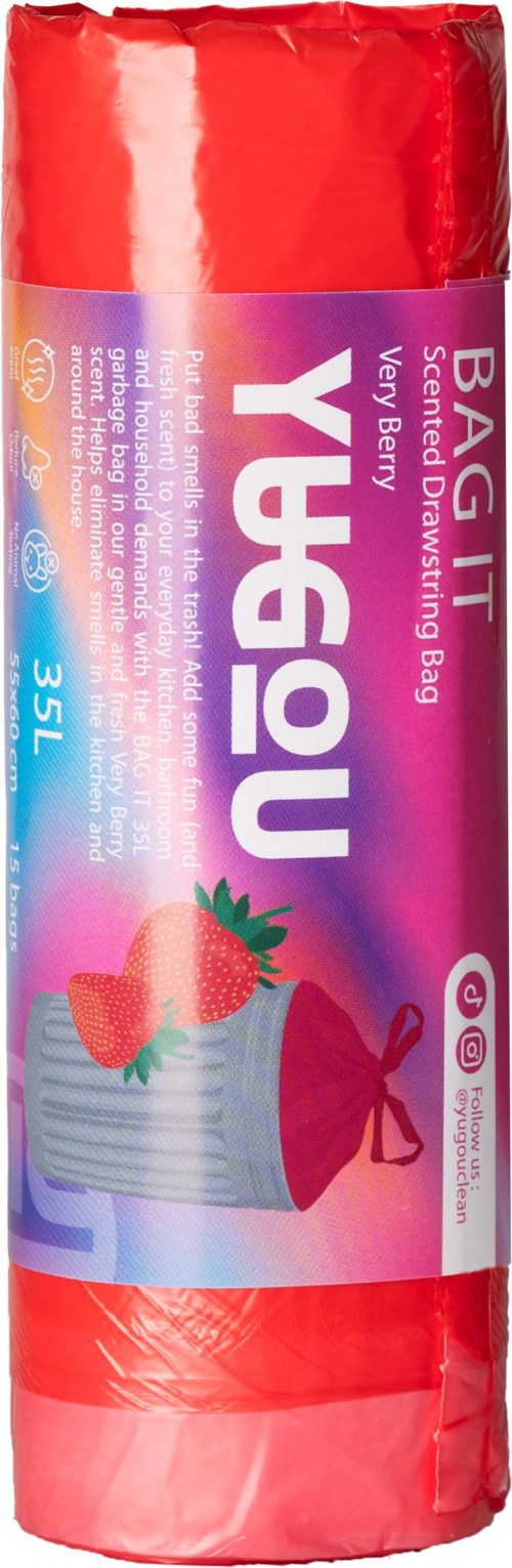 En rosa och röd påse med jordgubbar och en behållare på framsidan, märkt som en mångsidig bärtvättpåse.