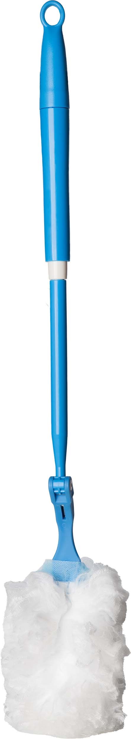 Ett blått rengöringsverktyg med en fluffig vit huvud, används för att rengöra golv eller ytor.