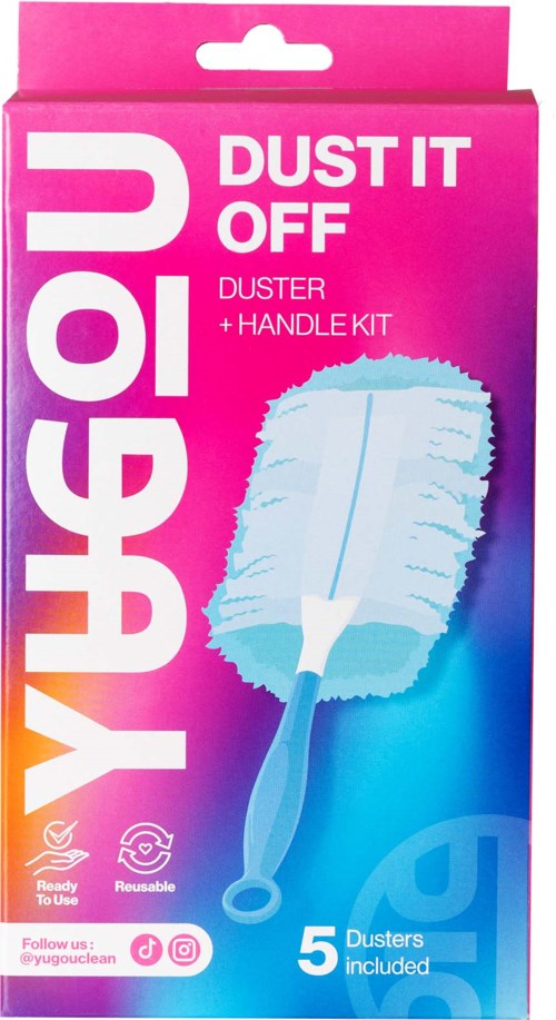 Rosa och lila förpackning av en dammsugarutrustning med en borste på framsidan, märkt 'Dust It Off' med fem duster inkluderade.