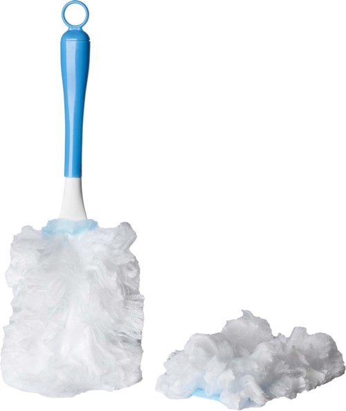Ett rengöringsredskap med blå handtag och en fluffig vit rengöringsmopp samt några lösa fluffiga pads i närheten.
