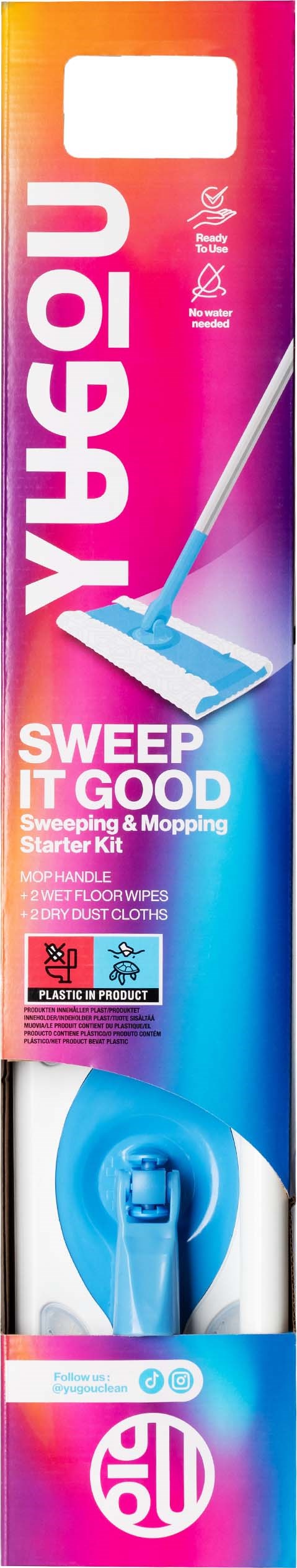 En mopp med blå handtag och vit bas på en färgglad rosa- och blå bakgrund. Texten säger "SWEEP IT GOOD."