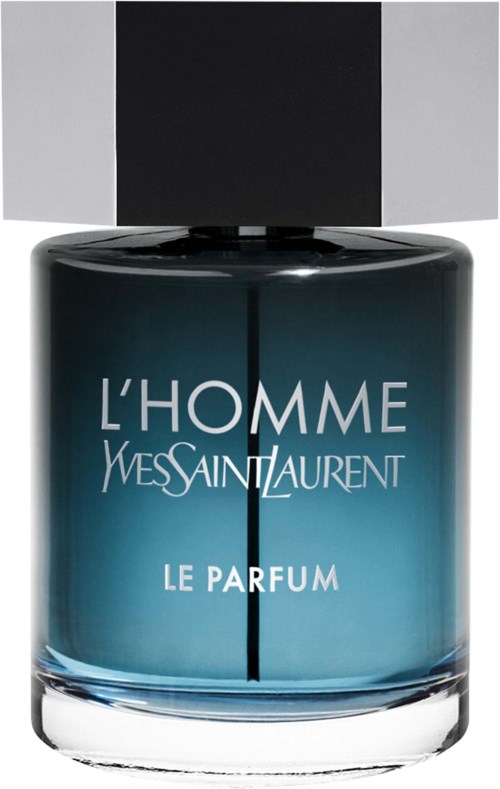 Een blauw en zwart Yves Saint Laurent parfumfles met zilveren dop en witte tekst.
