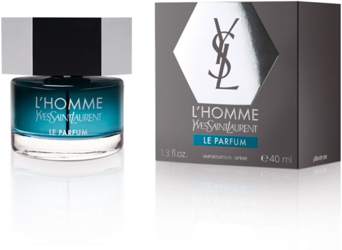 En parfyllflaska och -förpackning för Yves Saint Laurent's L'Homme Le Parfum, båda visar blå och grå färger med varumärkesloggor.