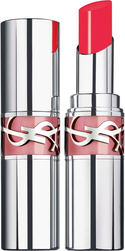 A silver lipstick case with pink lipstick inside and a logo wrapping around the middle.