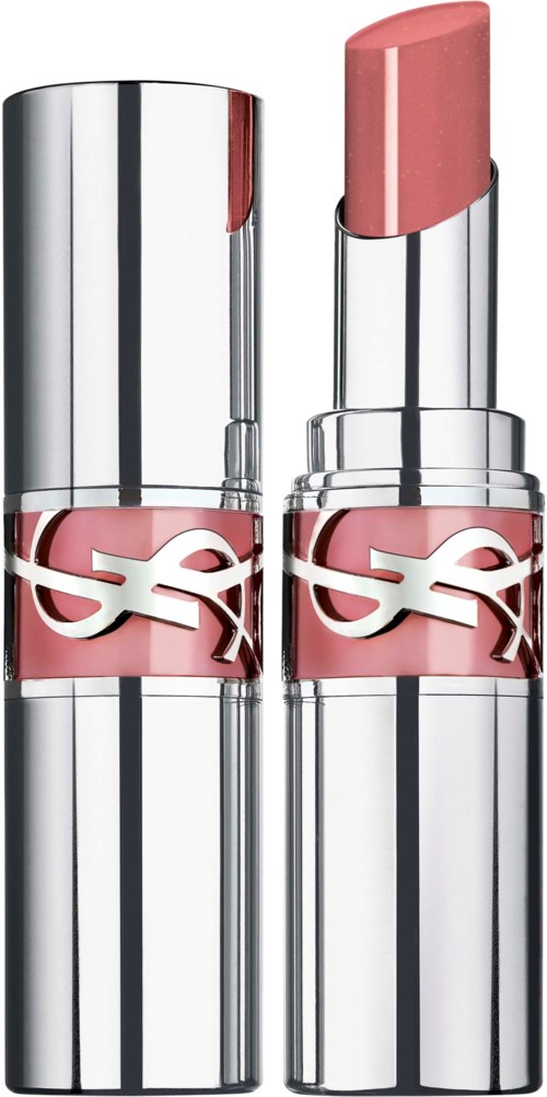 Zwei silberne Lippenstiftverpackungen, eine mit rosa Lippenstift, stilvolles Design, YSL-Logo auf rosa Band, glänzende Metalloberfläche.