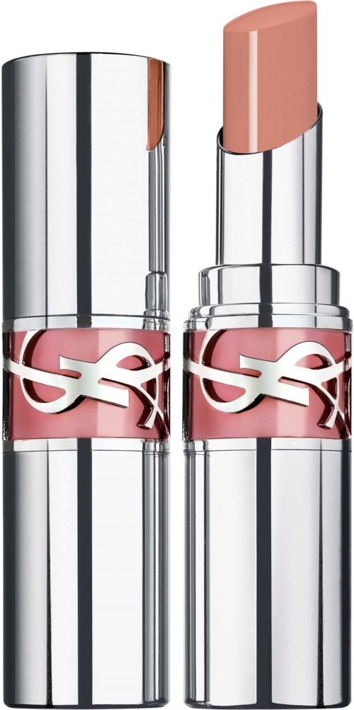 A pink lipstick in a shiny silver case with a logo, one cap on and one open showing the product.
