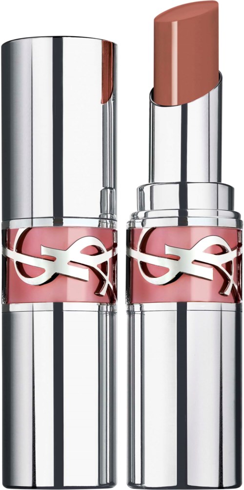 Two lipstick tubes with a silver and pink design, one with the cap on and one open showing the lipstick.
