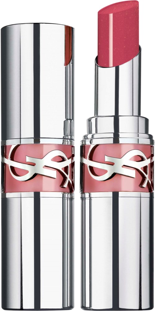 A lipstick with a silver case and pink lipstick inside, featuring a logo on the band.