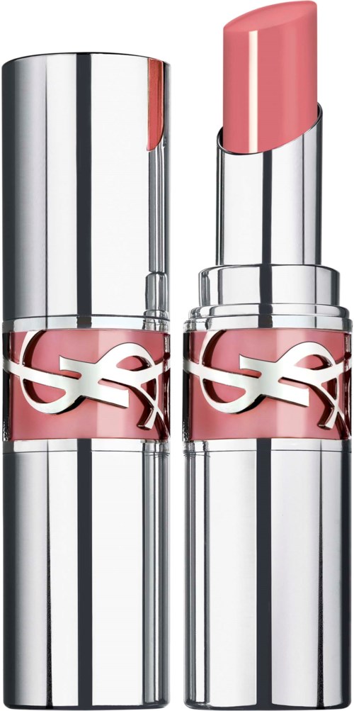 Ein silberner Lippenstifttiegel mit rosa Lippenstift, mit weißem YSL-Logo auf dem Band.