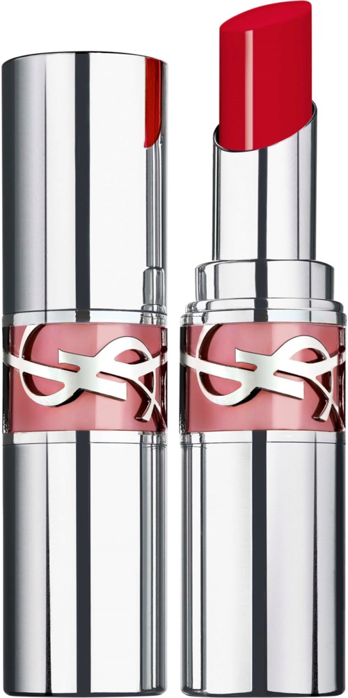 Two silver lipstick tubes, with red lipstick visible, feature a pink band with a white logo around them.