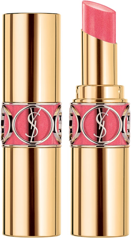 Ett rosa läppstift i en glänsande guldig tube, med korken avlägsnad och ett delvis vridet läppstift synligt.