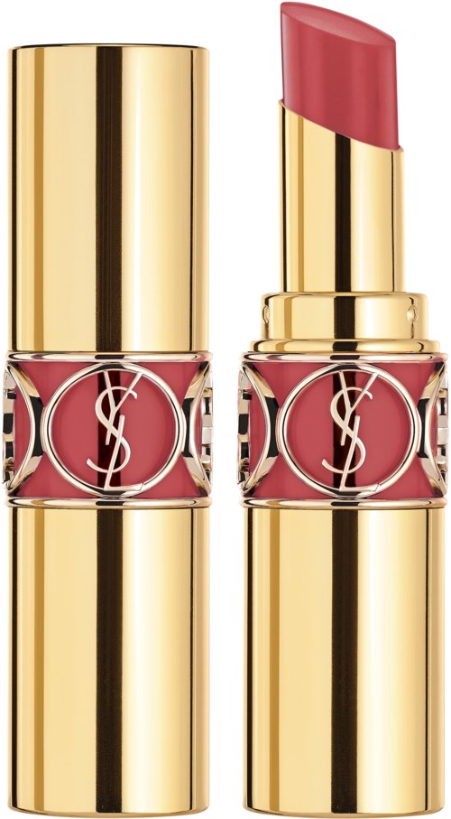 En YSL läppstift med ett guldhölje, visar läppstiftet i rosa färg.