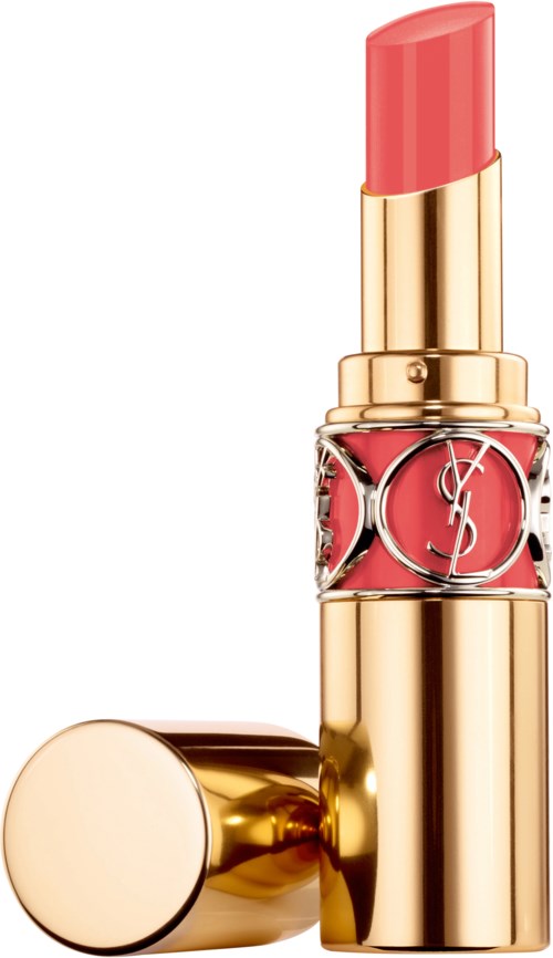 En YSL läppstift i rosa nyans med guldkapsel, står upprätt med locket bredvid.
