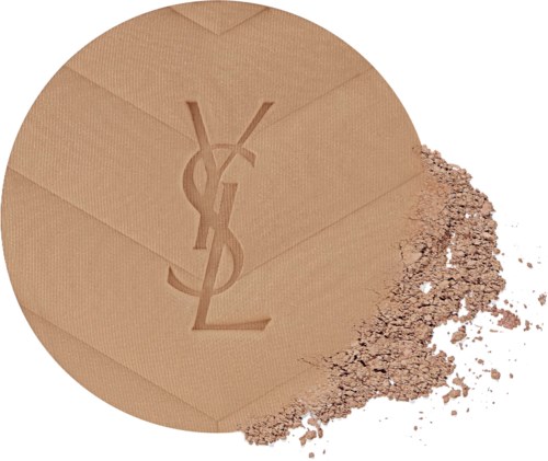 A compact powder with YSL logo, some powder spills outside, in a round container.