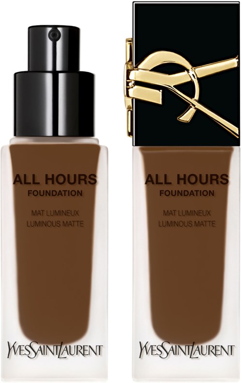 Zwei Flaschen Yves Saint Laurent Foundation mit schwarzen Deckeln, beschriftet 'All Hours'.