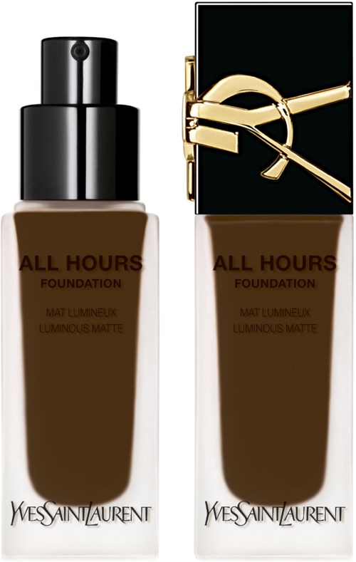 Zwei Flaschen Yves Saint Laurent Foundation, eine mit schwarzem Pumpkopf und die andere mit schwarzem und goldenem Deckel.
