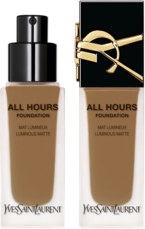 Zwei Flaschen YSL Foundation, eine mit schwarzem Deckel und die andere mit Schwarz und Gold, beschriftet "All Hours".