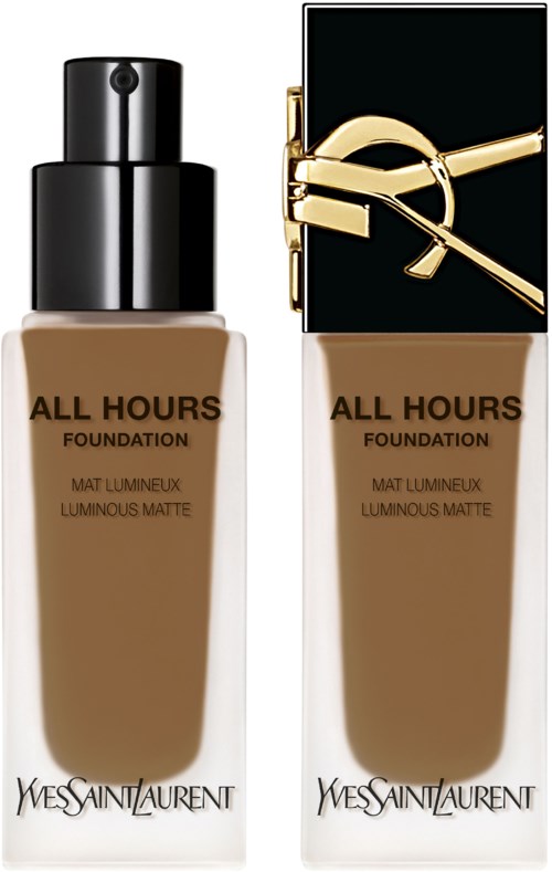 Zwei Yves Saint Laurent-Foundations, eine mit Sprühkopf und die andere mit goldener Schlossverzierung.