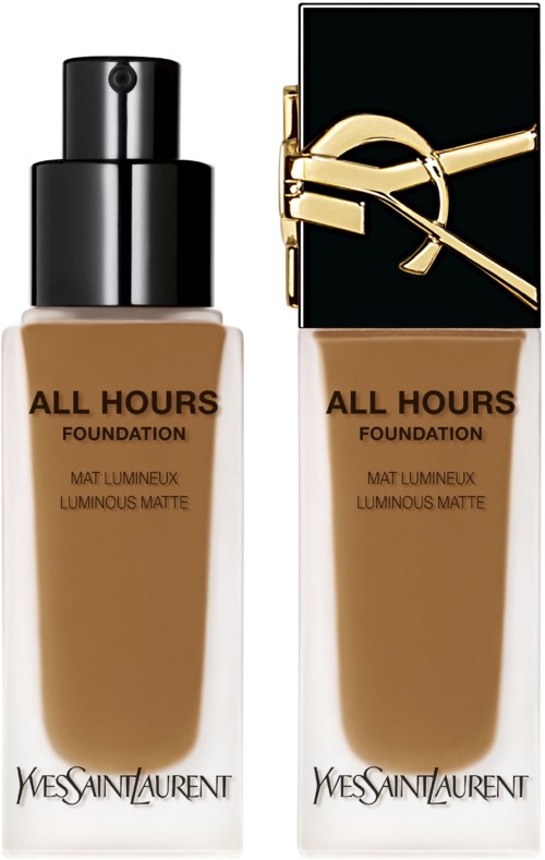 Zwei Flaschen Yves Saint Laurent All Hours Foundation, eine mit schwarzem Deckel und die andere mit schwarzem und goldfarbenem Design.