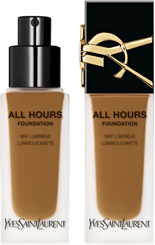 Zwei Flaschen Yves Saint Laurent All Hours Foundation, eine mit schwarzem Deckel und die andere mit einem stilvollen schwarzen und goldenen Design.