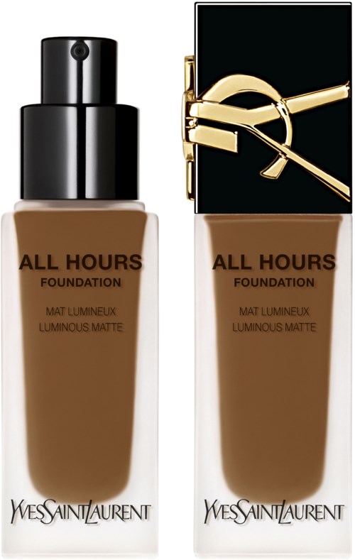 Zwei Flaschen Yves Saint Laurent All Hours Foundation mit schwarzen Deckeln und goldenen Akzenten, beschriftet als leuchtend matt.