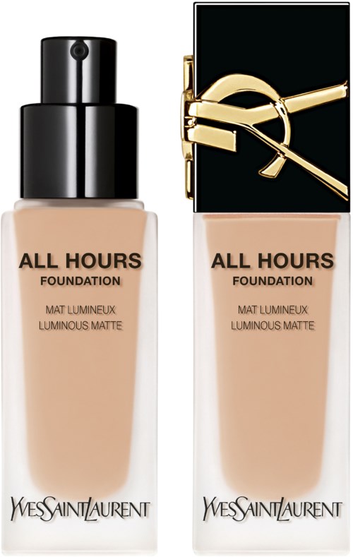 Zwei Yves Saint Laurent All Hours Foundation-Flaschen mit schwarzen und goldenen Deckeln, beige. Logo auf jeder Flasche.