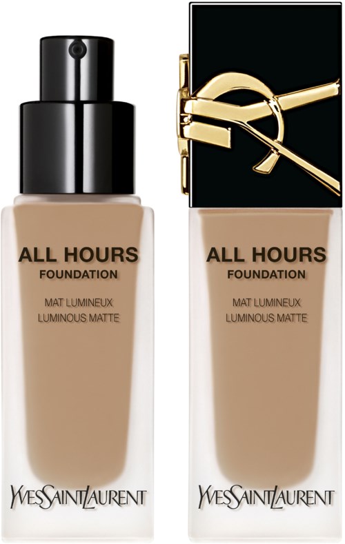 Zwei Flaschen Yves Saint Laurent All Hours Foundation, eine mit schwarzem Verschluss, die andere mit Schwarz und Gold Design.
