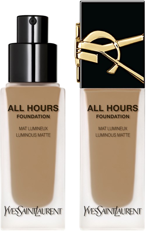 Zwei Flaschen Yves Saint Laurent All Hours Foundation, eine mit schwarzem Deckel, die andere mit goldenem Design, beide in beigen Flaschen.