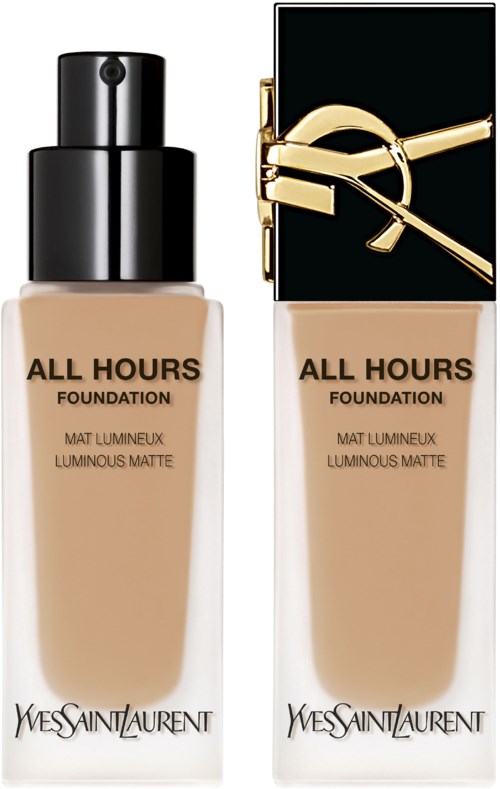 Zwei Flaschen Yves Saint Laurent Foundation mit schwarzen und goldenen Deckeln, bezeichnet 'All Hours'.