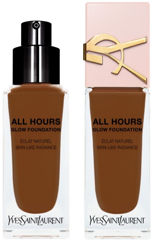 Zwei Flaschen von YSL-Foundation, eine mit schwarzem Deckel und die andere mit rosa Deckel und goldenem Logo.