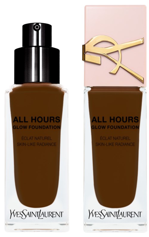 Zwei Flaschen Yves Saint Laurent All Hours Glow Foundation, eine mit schwarzem Deckel und eine mit rosa Deckel, stehen nebeneinander.