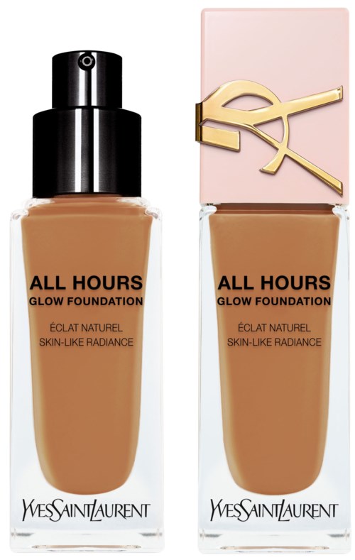 Zwei Flaschen Yves Saint Laurent All Hours Glow Foundation, eine mit schwarzem Deckel und die andere mit rosa Deckel.