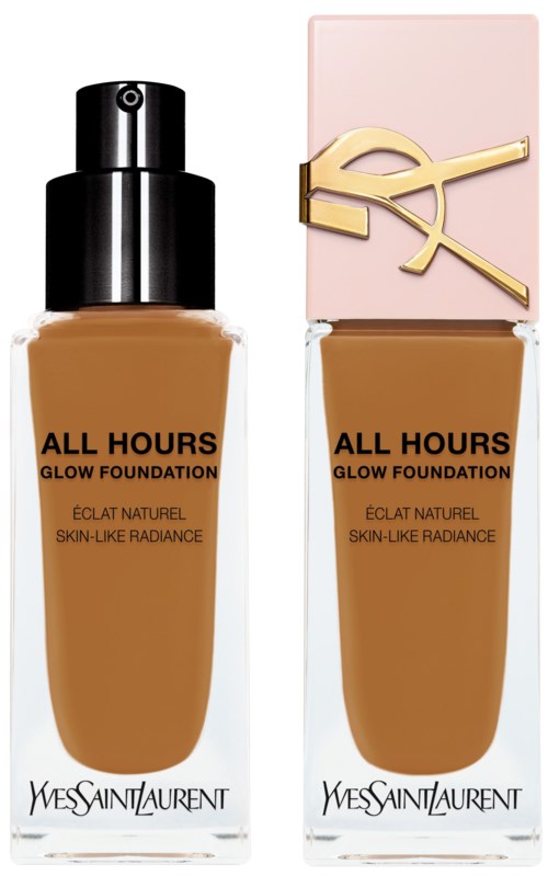 Zwei Flaschen YSL Foundation, eine mit schwarzem Deckel und eine mit rosa und goldenem Deckel, beschriftet 'All Hours Glow Foundation'.
