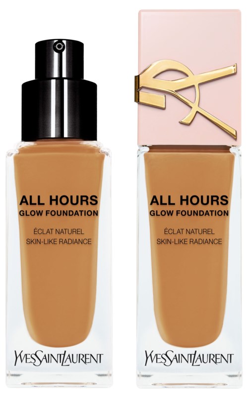 Zwei Flaschen YSL All Hours Glow Foundation mit schwarzem und pinkem Deckel, für natürlich strahlende Haut.