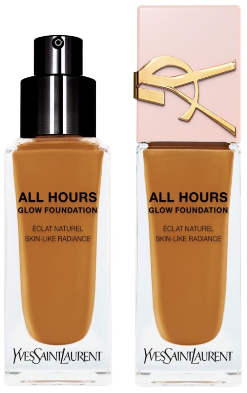 Zwei Flaschen Yves Saint Laurent Foundation, eine mit schwarzem Pumpspender und die andere mit rosa und goldener Kappe.