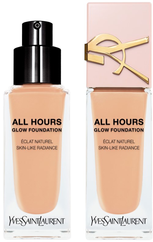 Zwei Flaschen Yves Saint Laurent Foundation mit schwarzen und pinken Deckeln, beschriftet "All Hours Glow Foundation" und "Skin-like Radiance."