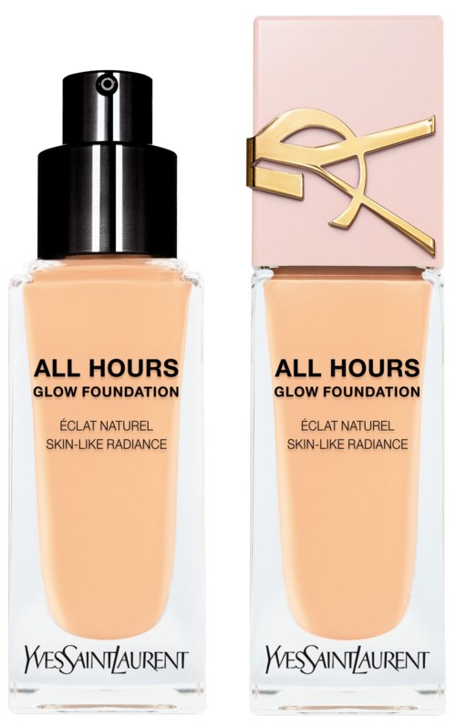Zwei Flaschen YSL All Hours Glow Foundation, eine mit schwarzem Deckel und eine mit rosa Box und goldenem Logo.