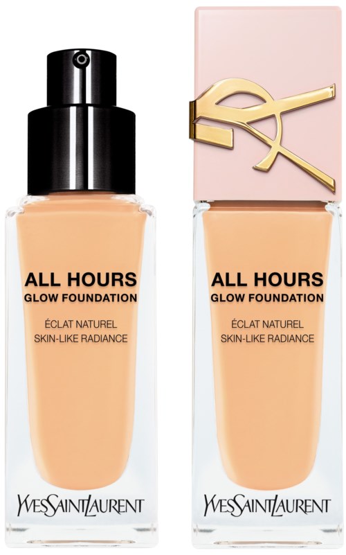 Zwei Flaschen YSL All Hours Glow Foundation, eine mit Sprühkopf und die andere mit Deckel, beide in hellbeige.